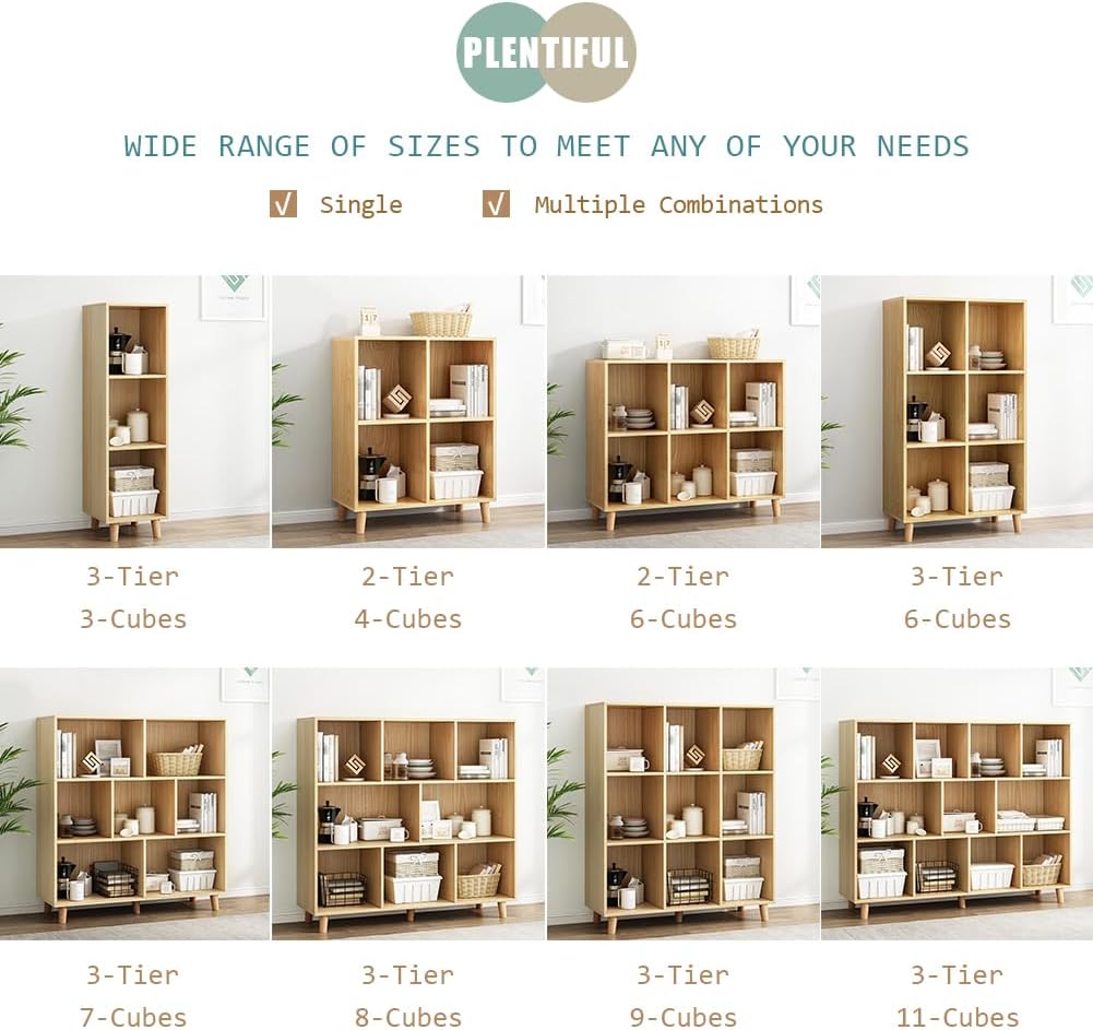 IOTXY Open Cube Low Bookcase - 3-Tier Freestanding Storage Display Cabinet Organizer with Legs for Home Office, 8-Cubes Open Shelf Short Bookshelf, Oak