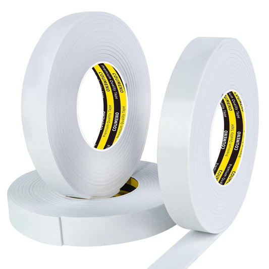 3Pack 1inX16.4FT (Total 49.2FT) Double Sided Foam Strip, EVA Foam Tape, Double Sided Sponge Adhesive Mounting Tape for Home Office Decor White