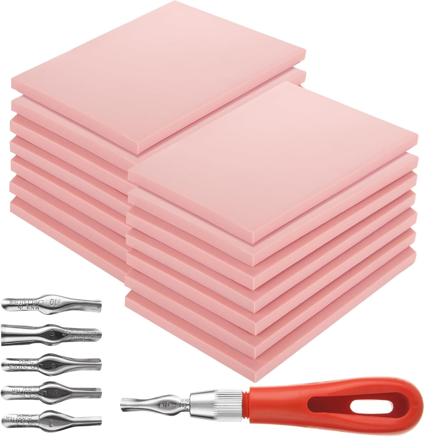 15 Pack Rubber Linocut Kit - 4 x 6 Inch Stamp Making Kit with Linocut Tools - Pink Rubber Block Stamp Printing Kit for Printmaking Supplies, DIY