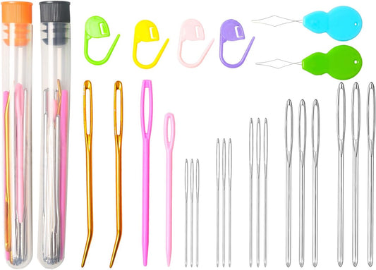 Hekisn 45Pcs Large Eye Blunt Yarn Needles kit, Assorted Sizes Bent Tapestry Darning Needle, Sewing Needles with Needle Threaders & Stitch Markers for Knitting Crochet (Orange&Black)