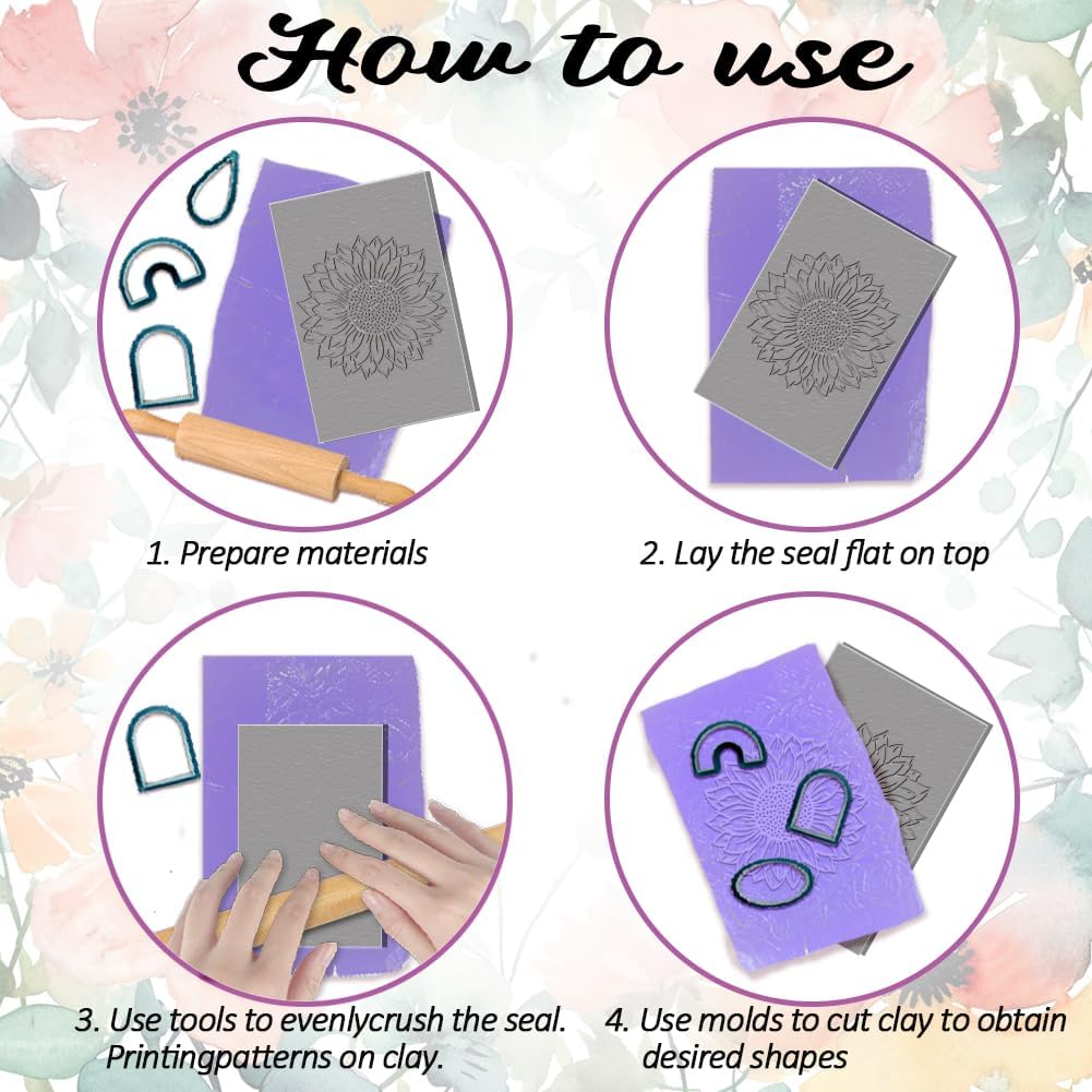 4PCS Polymer Clay Flowers Leaves Texture Sheets Set for Using with Clay Cutters, Boho Clay Texture Mats, Jewelry Making DIY Craft Tools