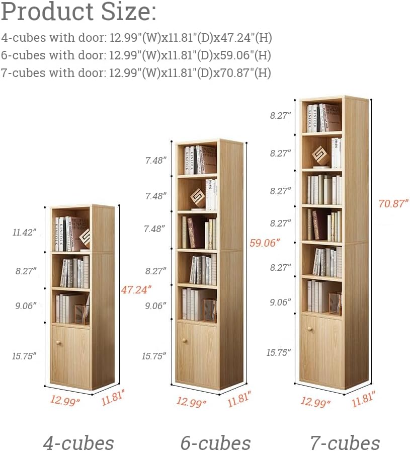 IOTXY Small Narrow Corner Bookcase - 47 Inches Tall Gap Freestanding Storage Cabinet, 4 Lattices Open Shelves Tower Rack with Door, Cubes Bookshelf in Oak