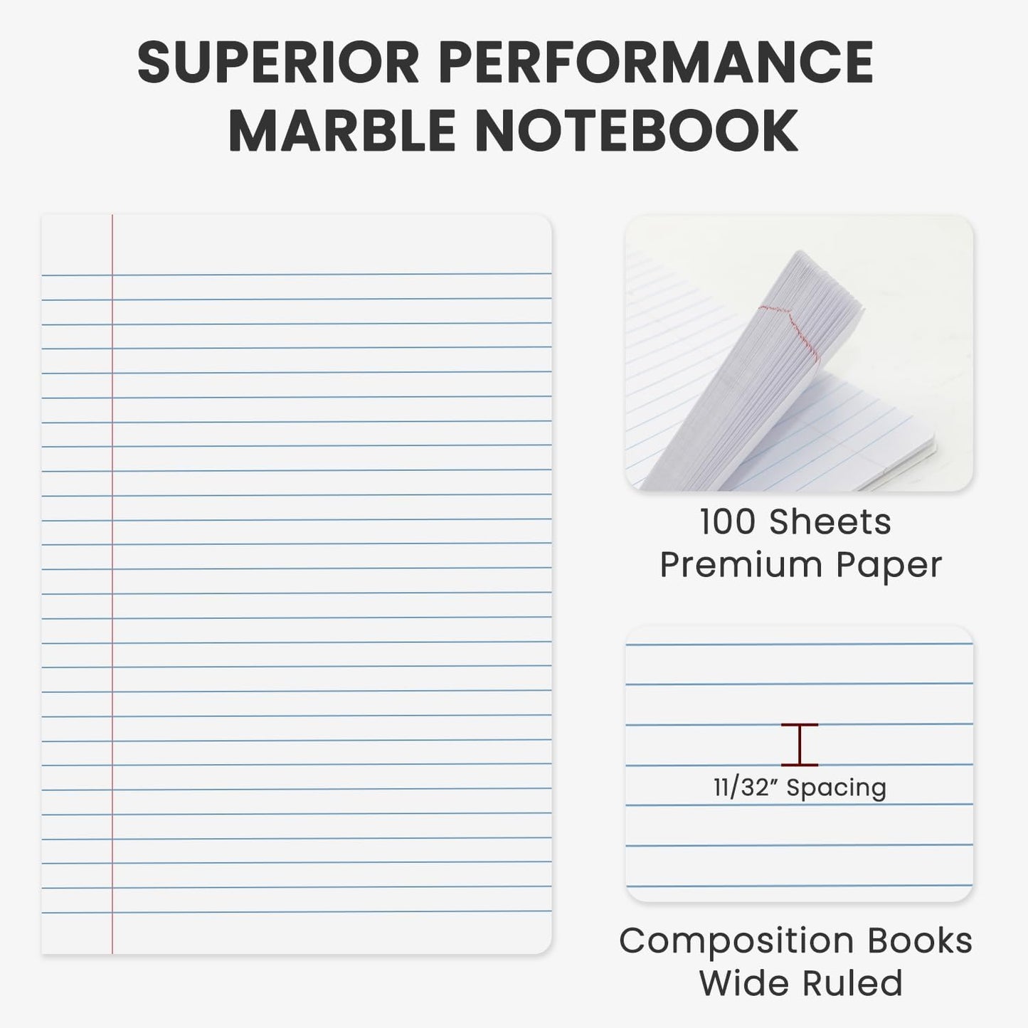 Marble Composition Notebook, 5-Pack Bulk Composition Notebooks Wide Ruled, 100 Sheets (200 Pages) 7-1/2" x 9-3/4" Marble Notebooks Wide Ruled, Classroom Must Haves-School Supplies College.