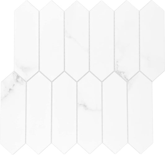 SUNWINGS Backsplash Tile for Kitchen Peel and Stick, Stone Composite Self Adhesive Tiles Faux Marble Pattern Long Hexagon Mosaic Wall Tile for Kitchen, 12 Inch x 11.22 Inch 10 Sheets White Marble