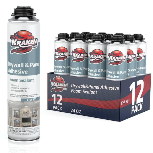 KRAKEN BOND Drywall & Panel Adhesive Foam - (12x24oz) Heavy-Duty, Fast-Curing Construction Adhesive for Concrete, Wood, and Heat Insulation Applications - 12 Pack