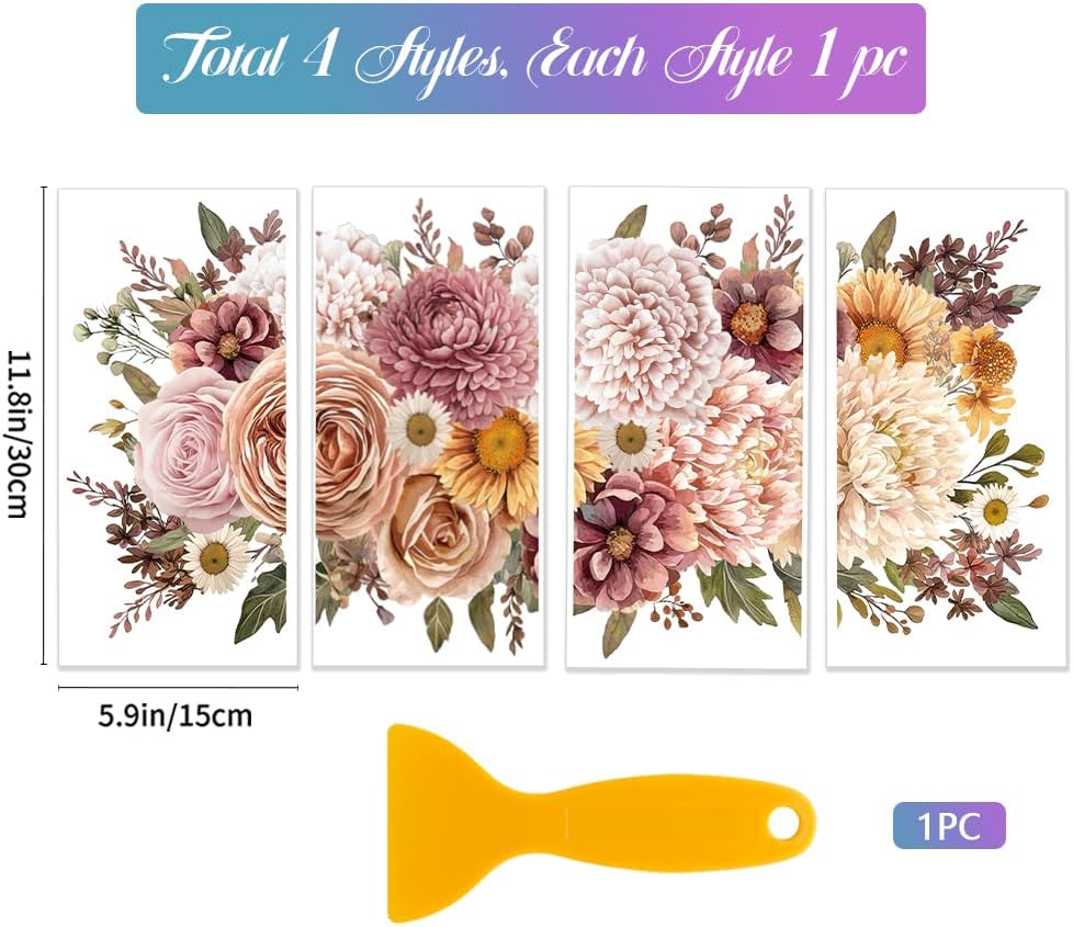 GLOBLELAND 4 Sheets Pink Vintage Bouquet Rub on Transfer for Furniture 11.8x5.9inch Flowers and Plants Rub on Transfer Sticker Daisy UV Self Adhesive Decals Wall Art Craft for Home Decor