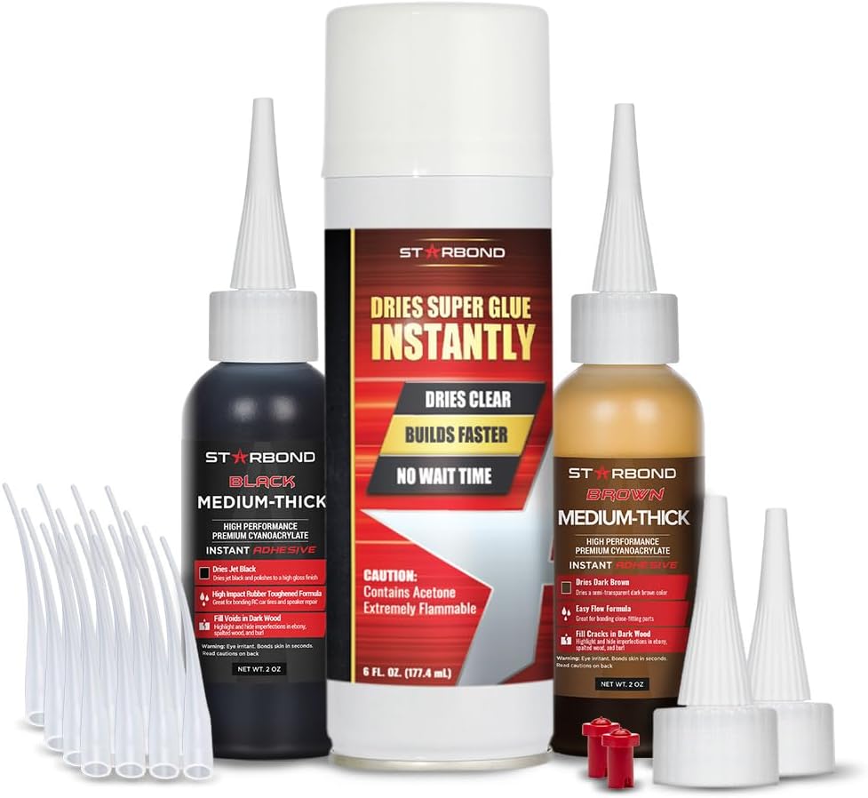 STARBOND Premium Grade Cyanoacrylate (CA) Super Glue, Black (2 oz) and Brown (2 oz) Medium-Thick Viscosity Knot Filler and Aerosol Accelerator (6 oz) Bundle for Woodworking, Woodturning, Carpentry