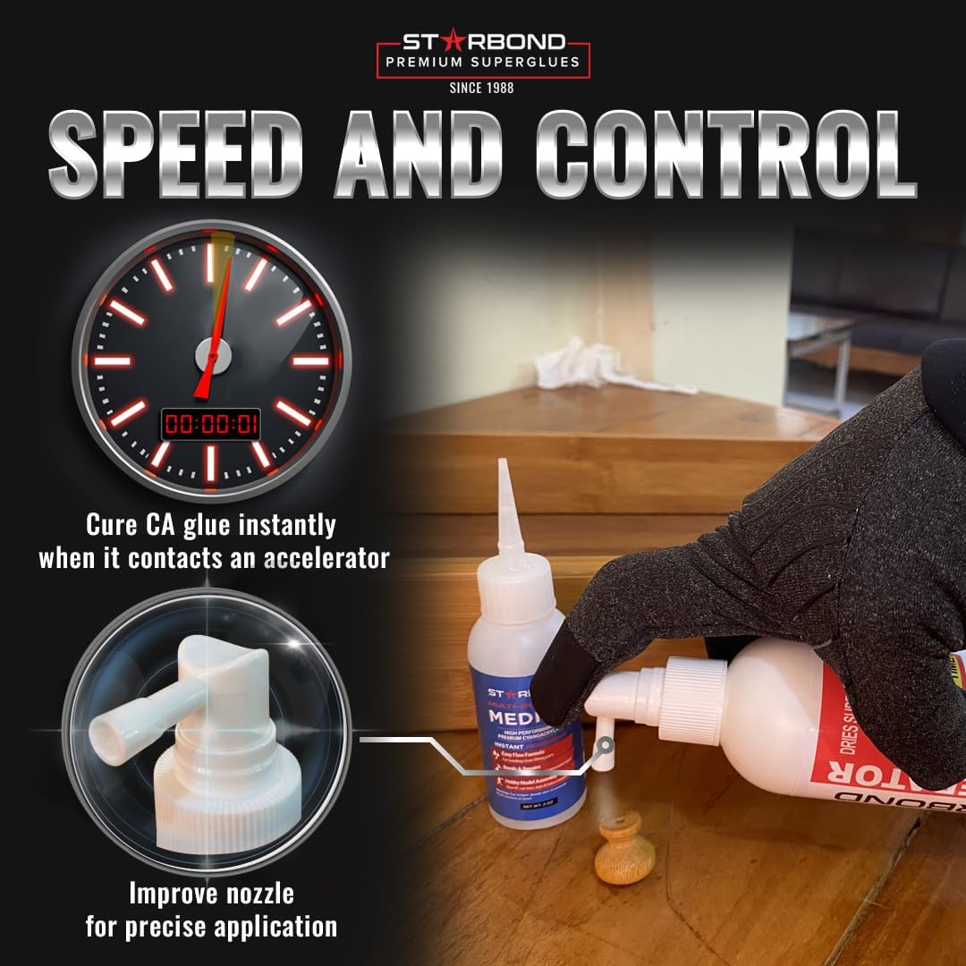 Premium Grade Cyanoacrylate (CA) Super Glue by STARBOND - (2oz) Black Medium-Thick Knot Filler, (8 oz) Pump Accelerator/Activator Bundle for Woodworking, Woodturning