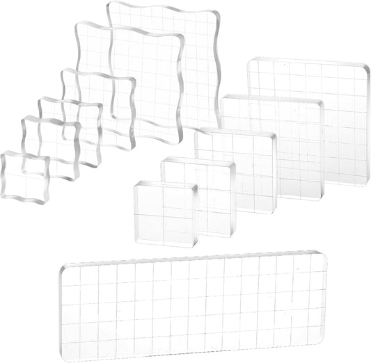 12Pcs Acrylic Stamp Block Clear Stamping Blocks Tools Set Assorted Sizes Stamp Blocks with Grid Lines for Scrapbooking Crafts Card Making