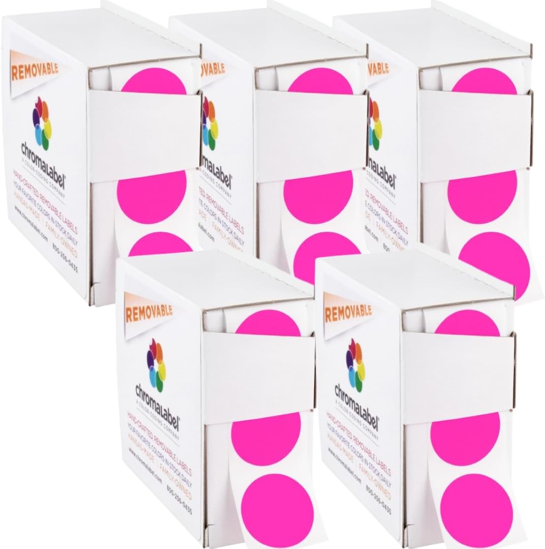 ChromaLabel 1 Inch Circle Sticker Labels, High Visibility Round Colored Stickers, Removable Sticky Dots - 1000 Dot Labels per Dispenser Box, Fluorescent Pink Stickers - Case of 5
