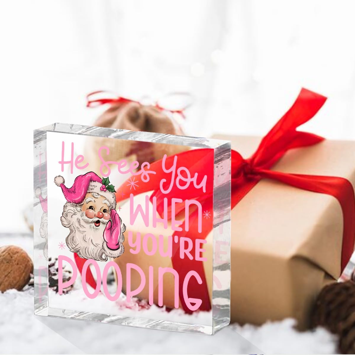 Funny Santa Desk Decor Acrylic Sign 4X4 Inch, Humorous Christmas Decorations Desk Signs for Toilet Cubicle Room Bathroom, Gag Gifts for Women Men Friends