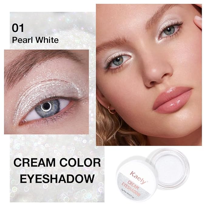 Cream Glitter Pearl White Shimmer Metallic Eyeshadow Palette Makeup, Natural Single Mini Instant Holographic Eyeshadow For Older Women, Sombras Crema Para Ojos,Talc,Paraben&Cruelty Free, P01