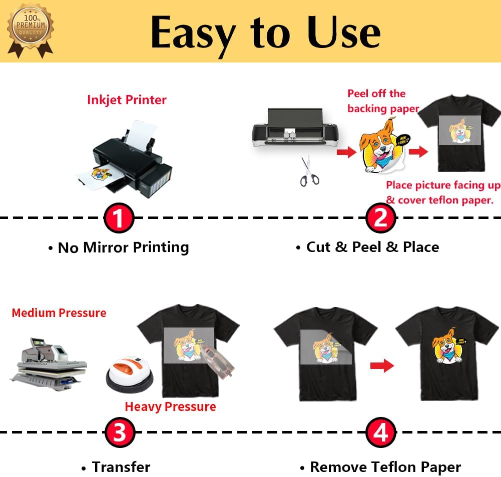 TransOurDream Tru-Iron on Heat Transfer Paper for Dark Fabric (15 Sheets, 8.5x11") T Shirt Transfers Paper for Inkjet Printer Printable Heat Transfer Vinyl for T-Shirts (TOD-7-15)