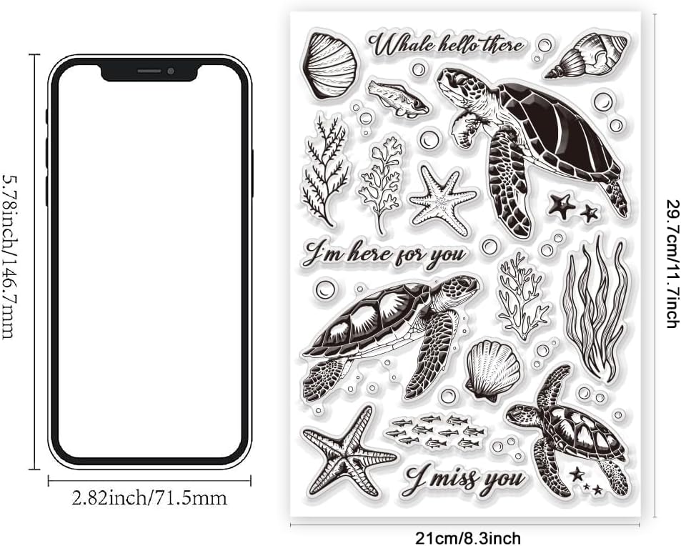 11.7 x 8.3 inch Sea Turtle Clear Stamps for Card Making Marine Organism Rubber Stamps Background Stamps for Card Making Holiday DIY Handmade Decoration Scrapbooking journaling Stamps