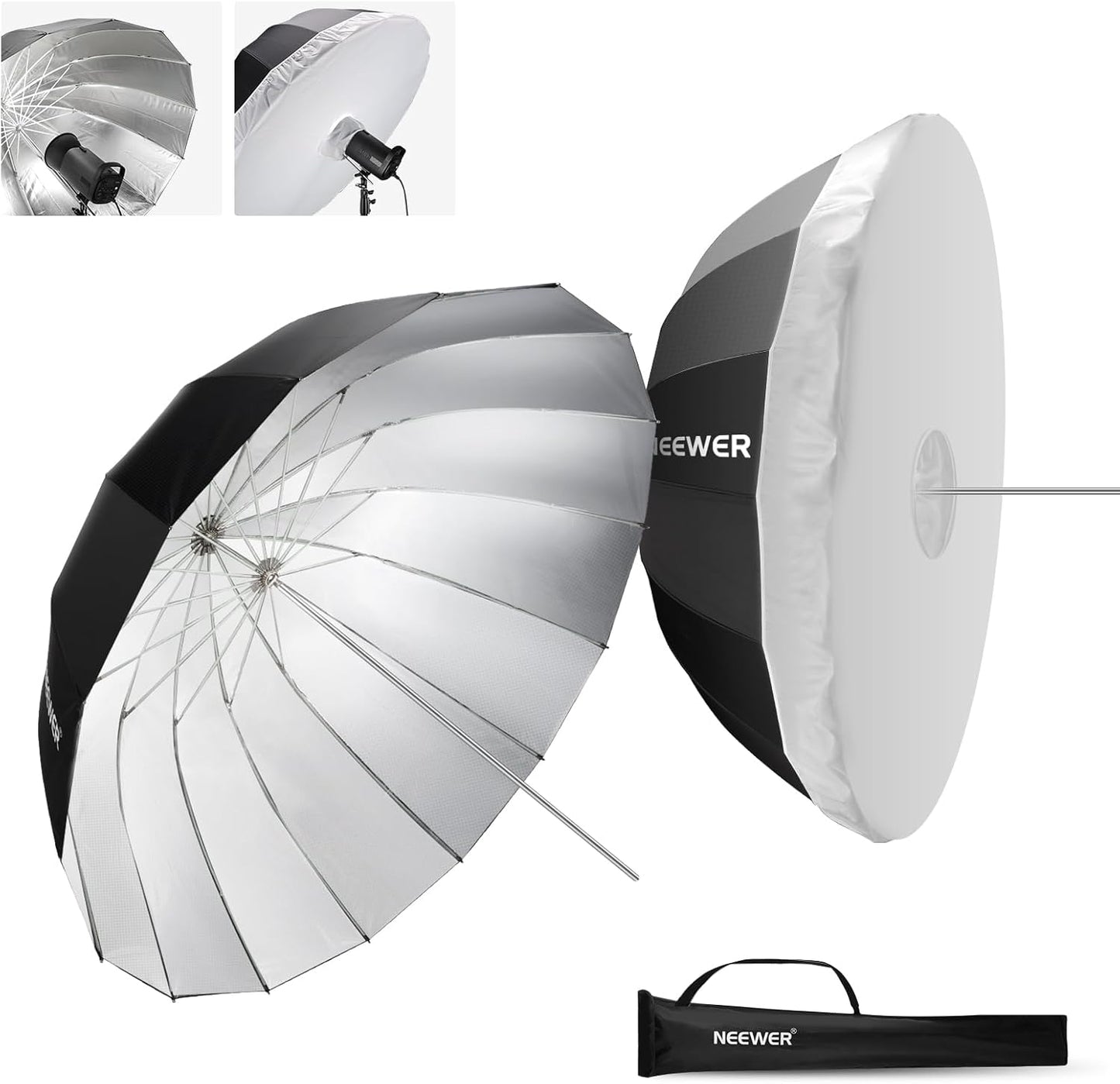 NEEWER 65"/165cm Parabolic Reflective Umbrella Photography with Silver Inner, Soft Lighting with Diffuser Cover, Bag, Quick Fold for Camera Photo Studio Video Light Shooting Monolight Flash, NS3U