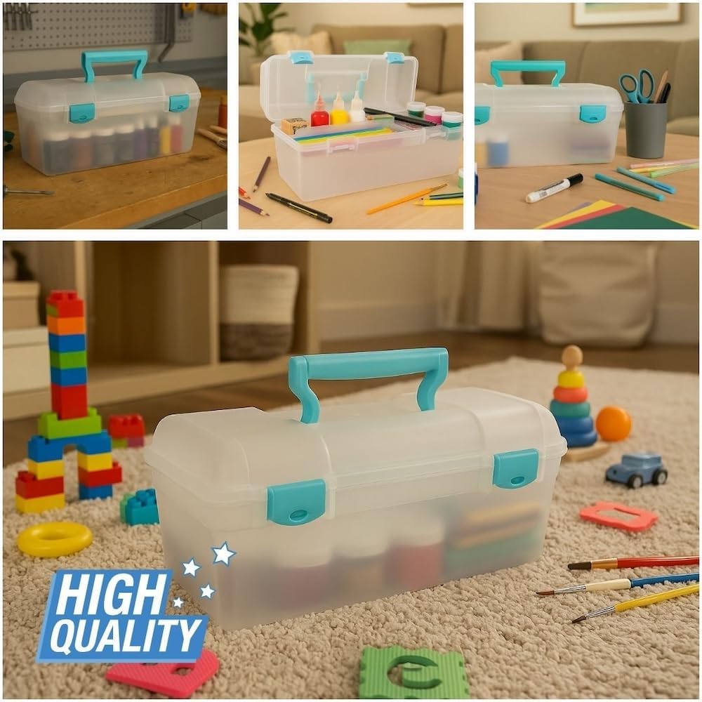 ArtBin 6937AG Essentials Lift-Out Tray Box, Portable Art & Craft Organizer with Handle and Tray, Clear/Aqua