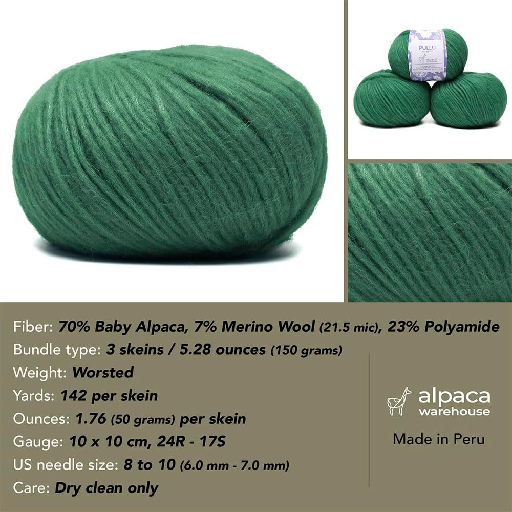 Pullu - Baby Alpaca Merino Wool Yarn Set of 3 Skeins (150 Grams) Worsted Weight - Sourced Directly from Peru - Heavenly Soft and Perfect for Knitting and Crocheting (Leaf Green)