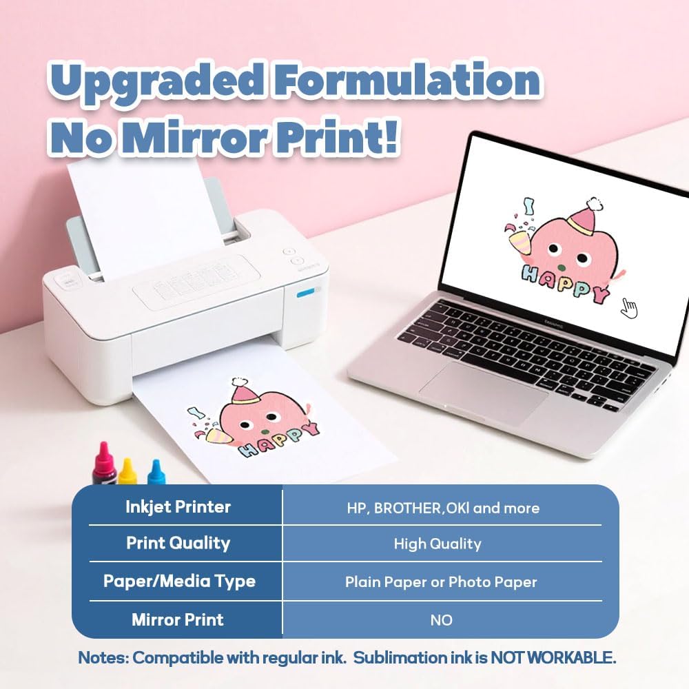 TranSmile PU-Heat Transfer Paper for T Shirts (30 Sheets, 8.5x11'', Light), Iron on Transfers for Light Fabric, Printable Heat Transfer Vinyl for Inkjet Printer