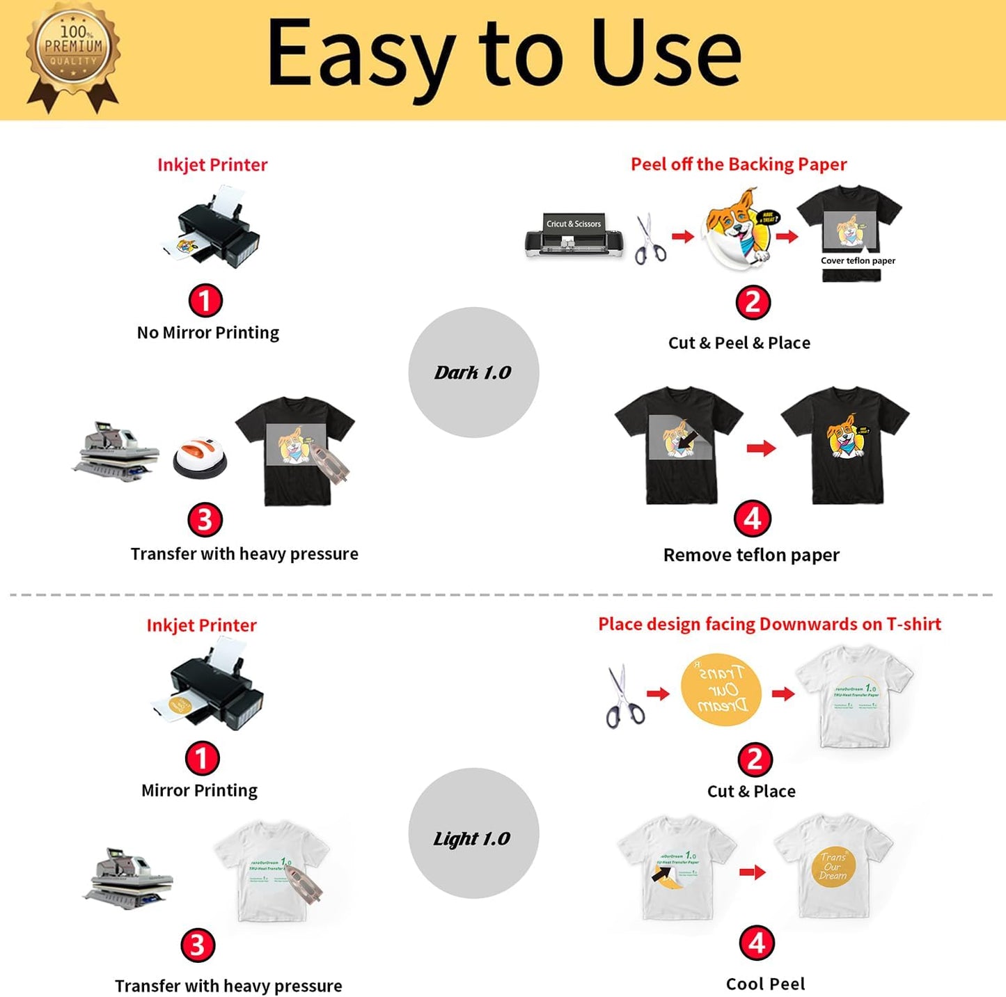 TransOurDream Heat Transfer Paper for Dark and Light Fabric (5+5 Sheets, 8.5x11, Mix Pack) Printable HTV Heat Transfer Vinyl for T Shirts Iron on Transfers for Inkjet Printer (D1L1)