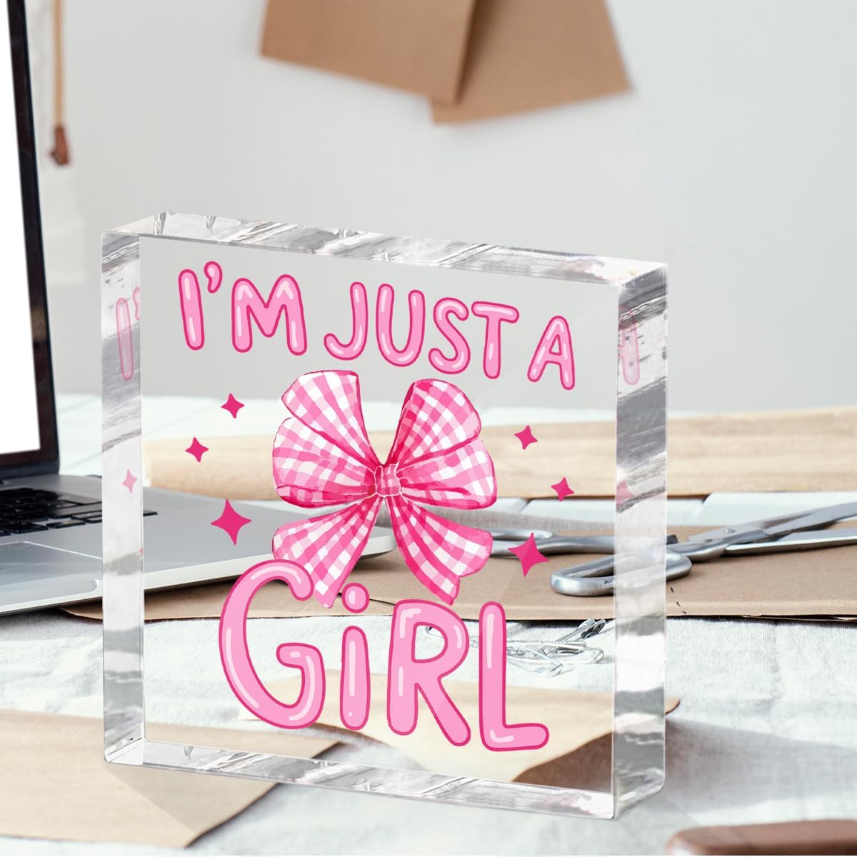 Positive Affirmation Gifts for Women Friends, Preppy Desk Decor Acrylic Sign 4X4 Inch, Pink Coquette Bow Desk Accessories Decorative Signs for Table Top Cubicle Room Office