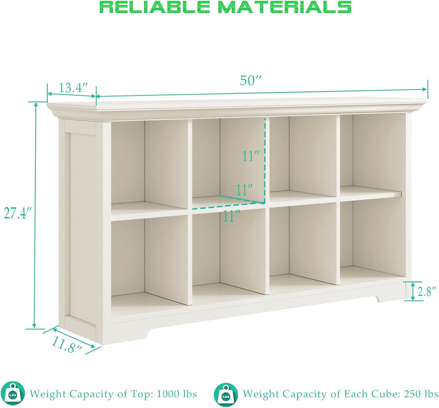 Cube Shelf Bookcase with Base - Wooden 2 Tiers Floor Standing Low Storage Cabinet for Home and Office, 8-Cube Lattice Bookshelf, Warm White