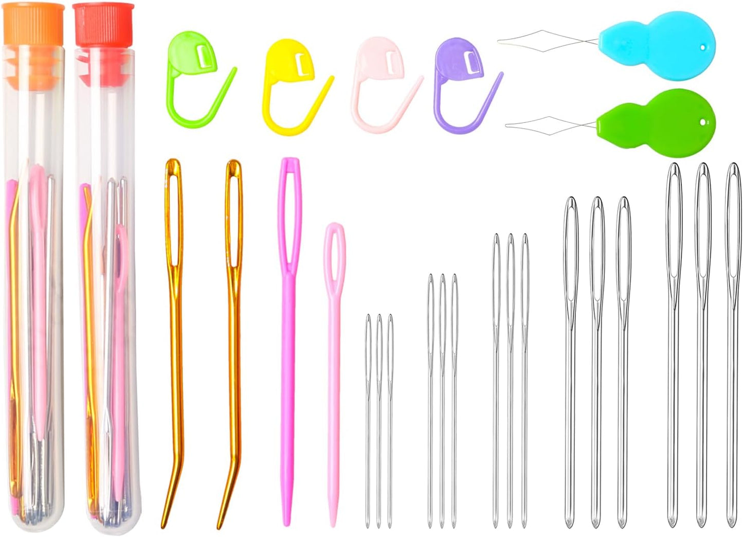 Hekisn 45Pcs Large Eye Blunt Yarn Needles kit, Assorted Sizes Bent Tapestry Darning Needle, Sewing Needles with Needle Threaders & Stitch Markers for Knitting Crochet (Orange&Red)