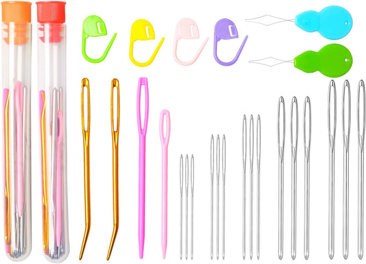 Hekisn 45Pcs Large Eye Blunt Yarn Needles kit, Assorted Sizes Bent Tapestry Darning Needle, Sewing Needles with Needle Threaders & Stitch Markers for Knitting Crochet (Orange&Red)