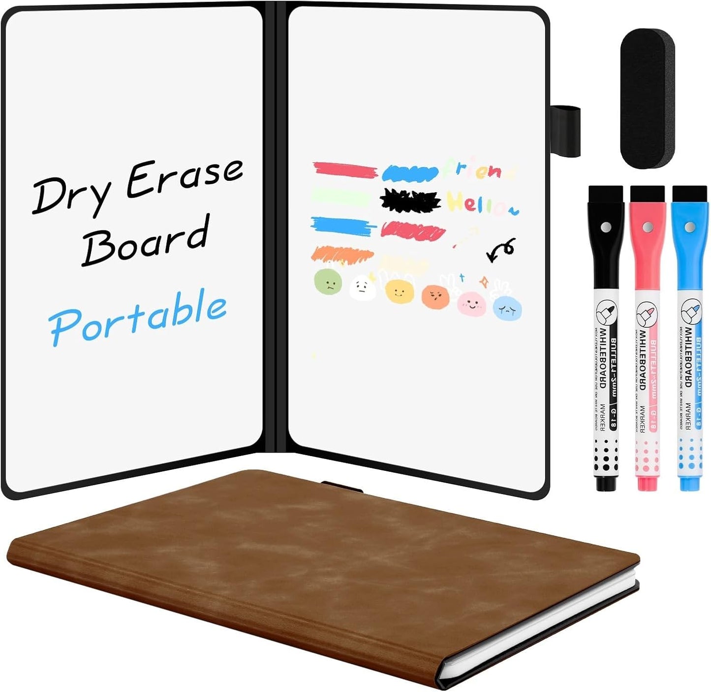 AGM Portable White Board Dry Erase Notebook, 8.4" x 6" Double Sided Folding Whiteboards with 3 Pens, Small Travel Dry Erase Board Skin-Friendly Material for Study, Meeting, Planning, Brown