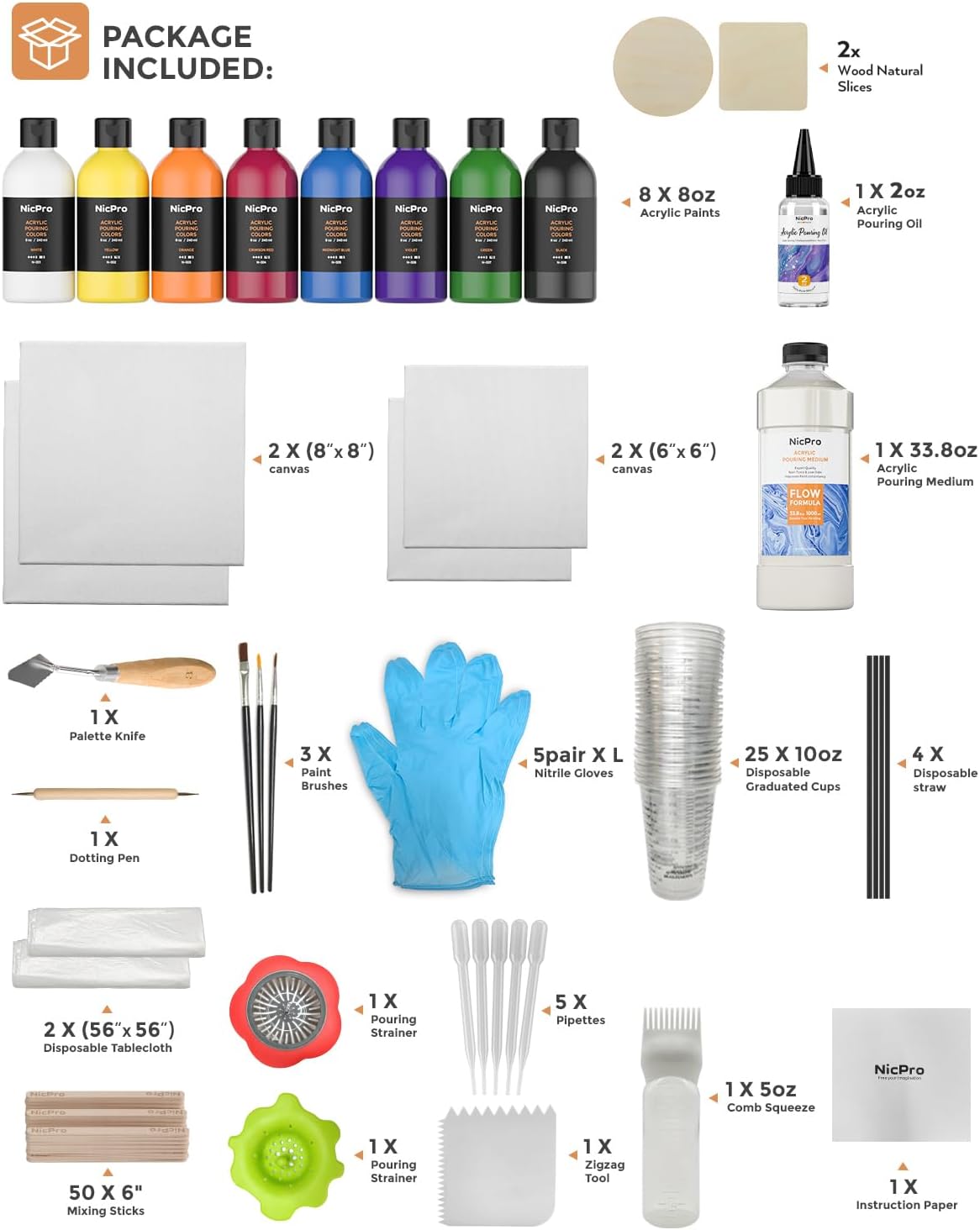 Nicpro Large Bulk Acrylic Pouring Paint, Art Starter Supplies with 8 Colors 8.45 oz Acrylic Paints, Pouring Medium, Silicone Oil, Canvases, Cups, Sticks, Tools Gloves, Strainers for Flow DIY Painting