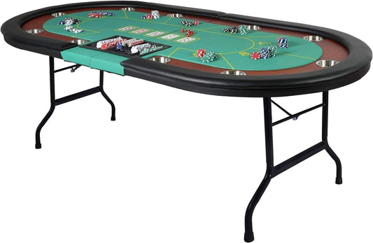 Upgrade 84" Folding Poker Table, 10 Players Oval Card Table with Stainless Steel Cup Holders and Padded Rails, Casino Leisure Felt Surface Texas Hold 'em Poker Table, Green