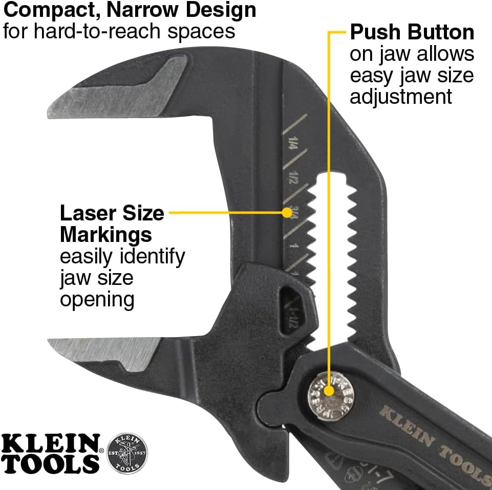 Klein Tools D53112 Compact Plier Wrench, High Leverage Multi-Use Adjustable Plier Wrench with Smooth Jaws, 12-Inch