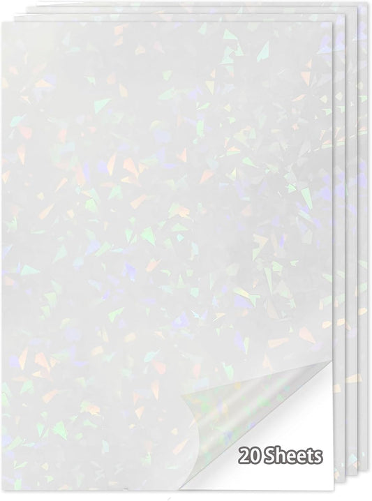 20 Sheets Holographic Sticker Paper,8.5x11 Inch Clear Printable Vinyl Sticker Papers,Self-Adhesive Waterproof for Inkjet/Laser Printer（Clear Glass）