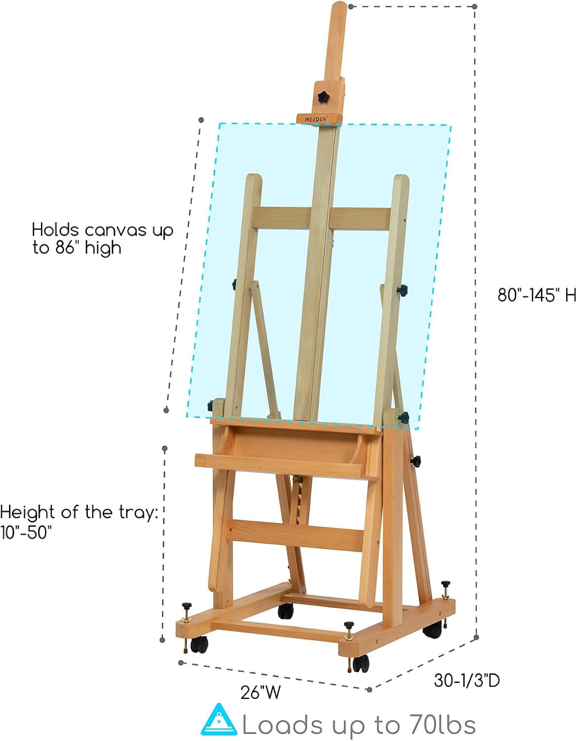 MEEDEN Enlarged Heavy-Duty H-Frame Easel: Artist Solid Beech Wooden Studio Easel - Professional Painting Art Easel Stand with 4 Lockable Wheels & Leveling Bolts - Hold Canvas up to 86" H