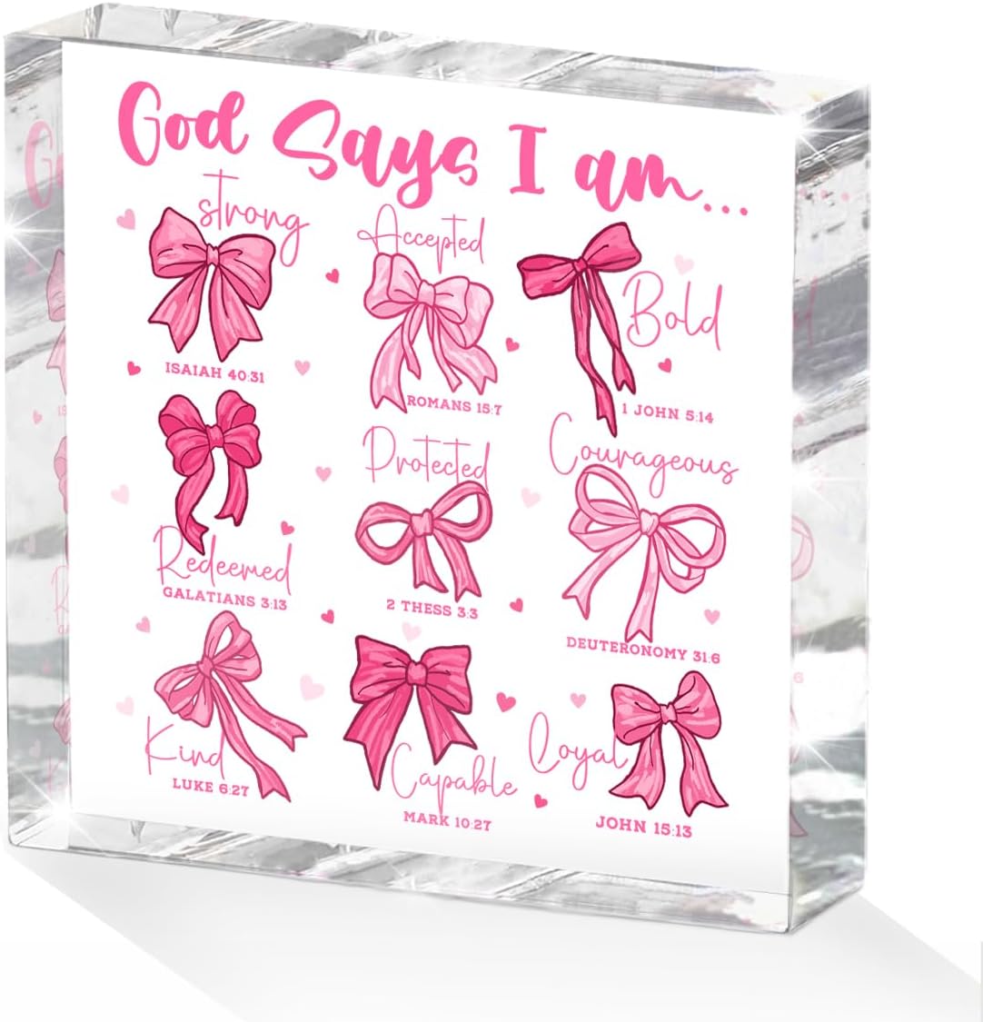 Positive Affirmation Bible Verse Desk Decor Acrylic Sign 4X4 Inch, Preppy Coquette Pink Bow Desk Decorative Signs for Shelf Tabletop Cubicle Room Office, Christian Gifts for Women Men Friends