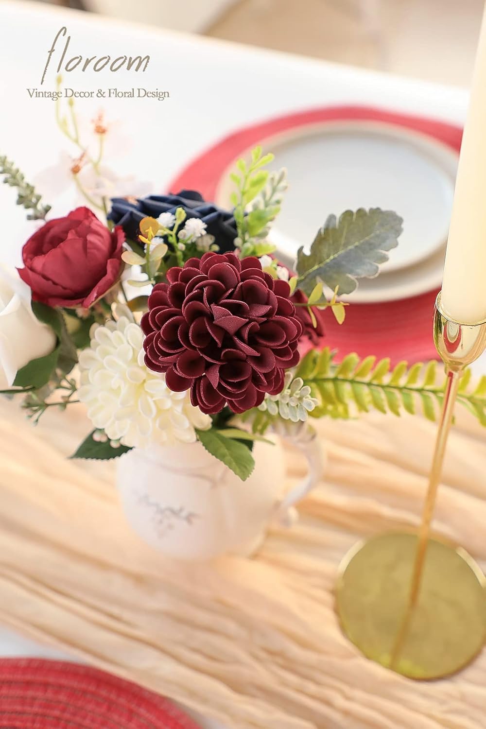 Floroom Artificial Dahlia Flowers 25pcs Real Looking Burgundy Foam Fake Roses with Stems for DIY Wedding Bouquets Dark Red Bridal Shower Centerpieces Floral Arrangements Party Tables Home Decoration