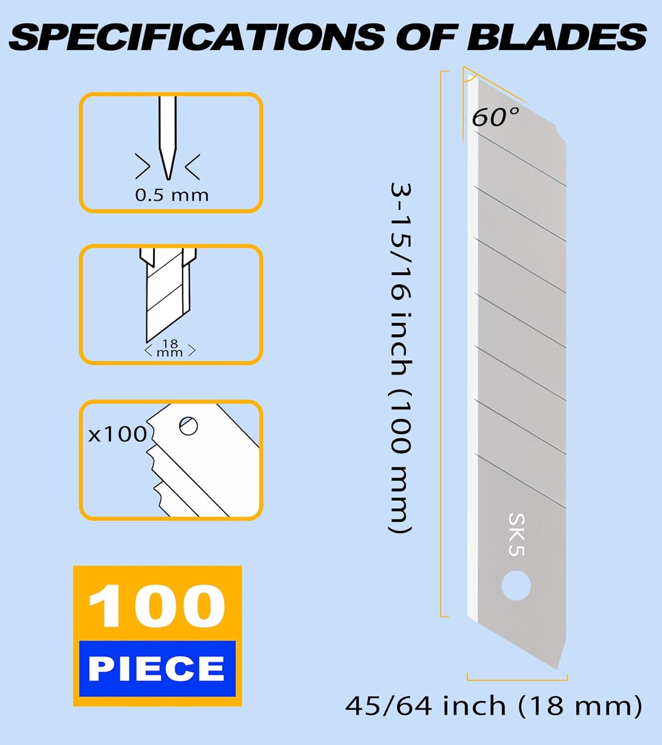 DOWELL 18mm Snap Off Blade SK5 Utility Knife Retractable Blades Box Cutter Blades (100pc)
