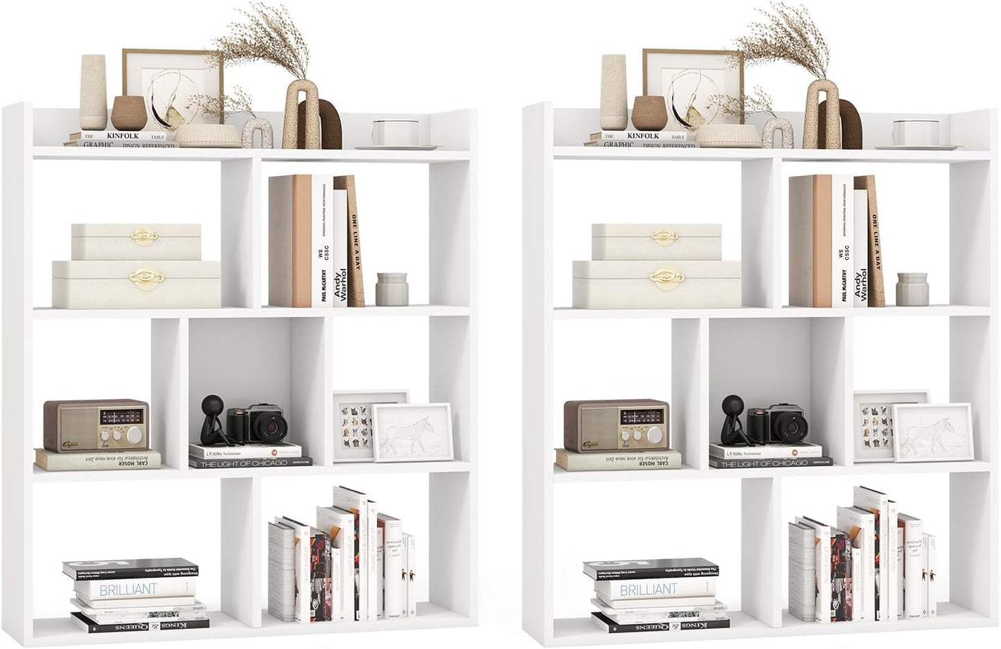 Giantex 7 Cube Bookshelf of 2, Free-Standing Wooden Bookcase, 4 Tier Home Display Shelf, Horizontal Storage Unit w/Anti-Toppling Devices, Open-Back Display Rack for Study, Living Room, White