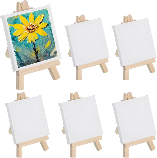 MECCANIXITY Canvas Boards for Painting with 4.9" Mini Easel Kit, 3x3 Cotton Blank Primed Art Canvas Panels Acid-Free for Painting Supplies Oil Acrylic Tempera Paint(White, Set of 6)