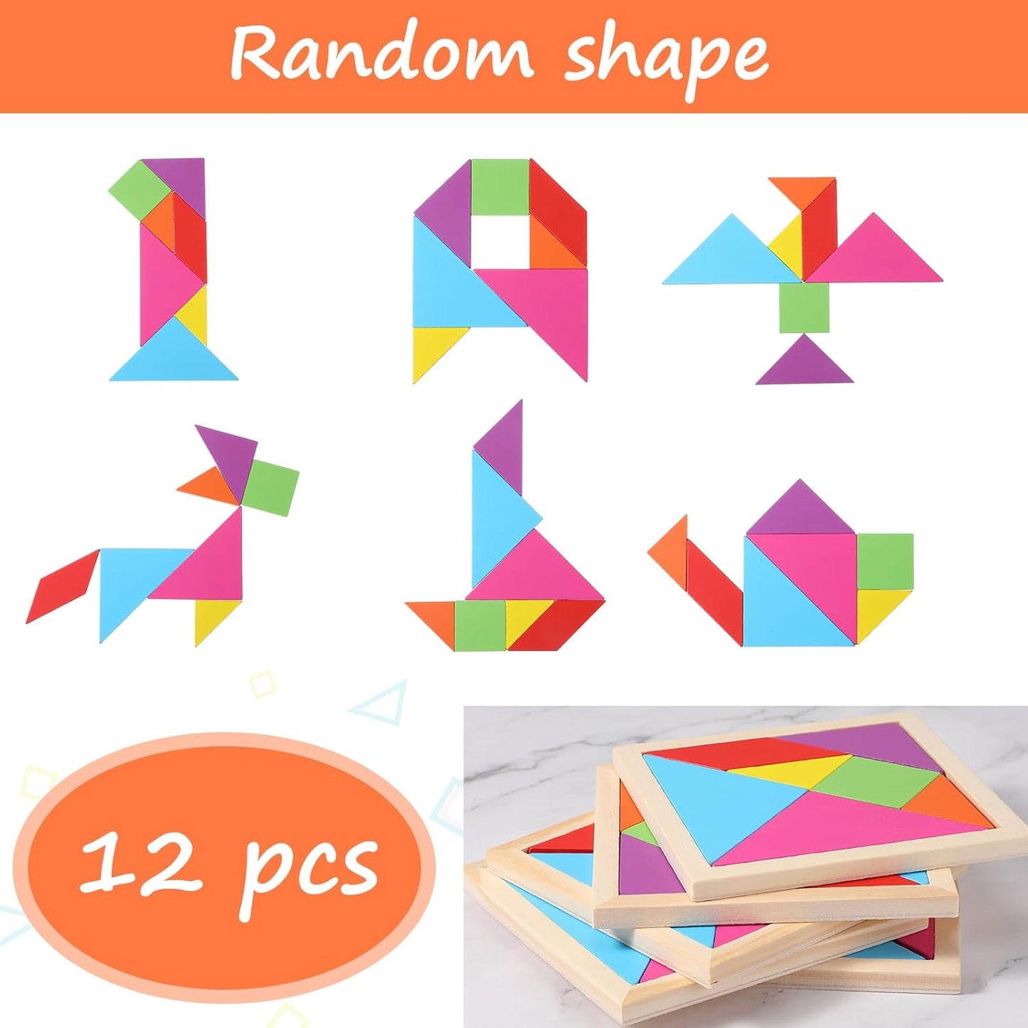 Meooeck 12 Pack Tangrams Wooden Puzzles Tangrams Classroom Set for Kids Shape Puzzles Brain Logic Blocks for Games Educational Gifts for Adults Kids Ages 4-8 8-12(Classic Style)