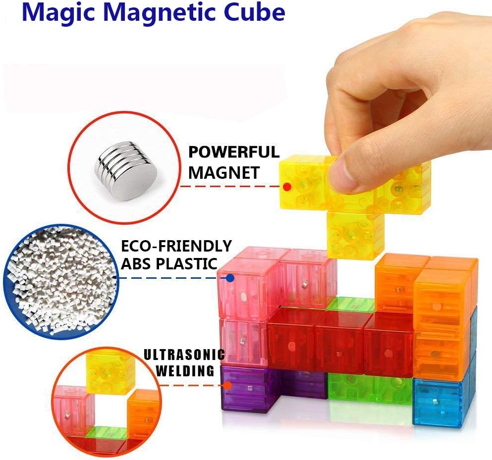 Magnetic Soma Cube Block- Children's Educational Toys Magnetic Tiles for Kids Stress Relief Toy Puzzle Cubes to Develops Intelligence, Ideal for Birthday Gifts (Crystal)