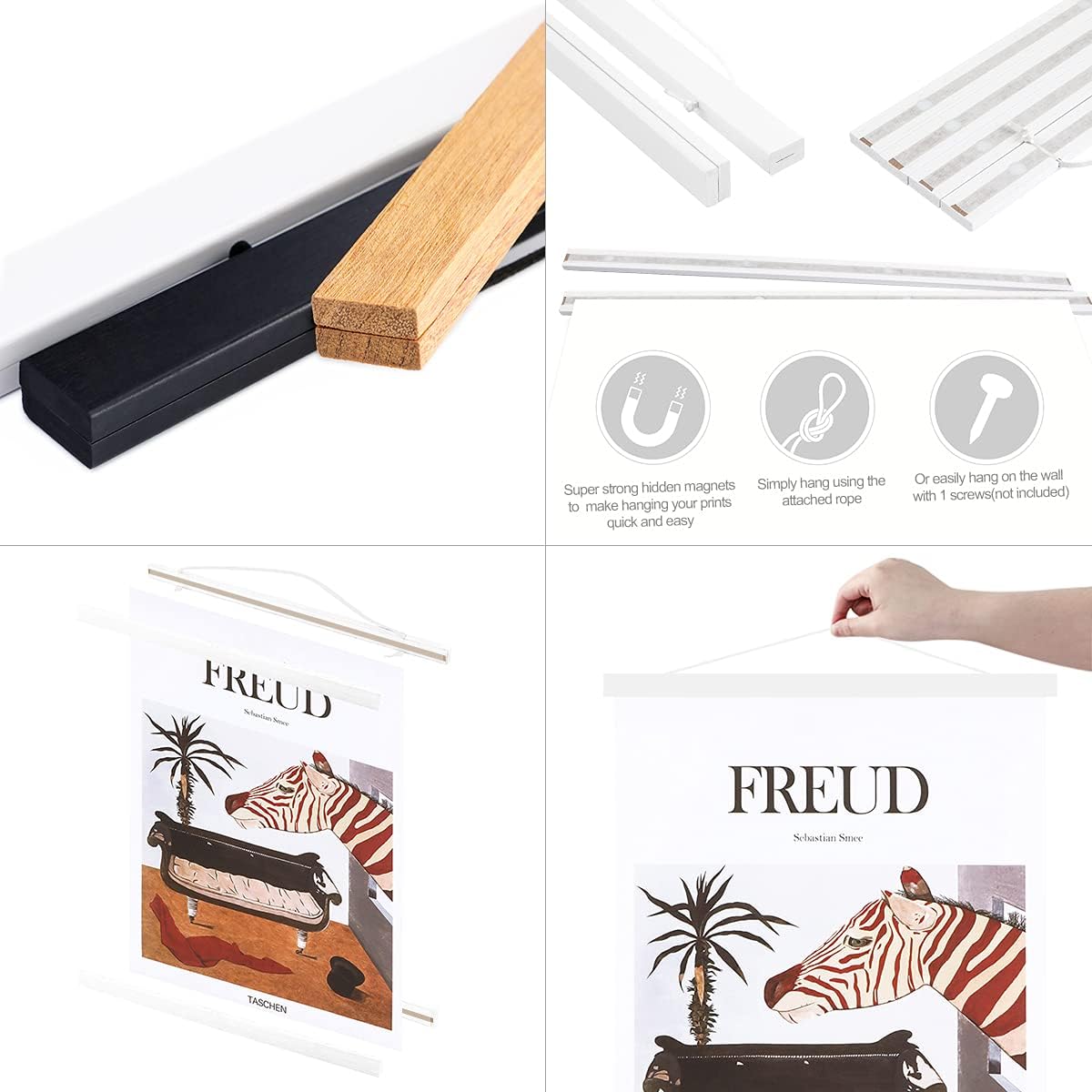 Ywlake Magnetic Poster Hanger, 23x34 23x33 23x35 Poster Frame Wood Wooden Magnet Print Posters Dowel Scroll Hanger Hangers Hanging Kit for Walls Map Canvas Artwork (White, 23")