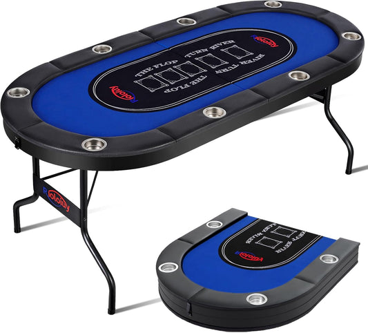 8 Player Poker Table Foldable, Texas Holdem Casino Table with Padded Rails & Cup Holders, Portable Folding Game Table for Home or Game Room, 71 Inch