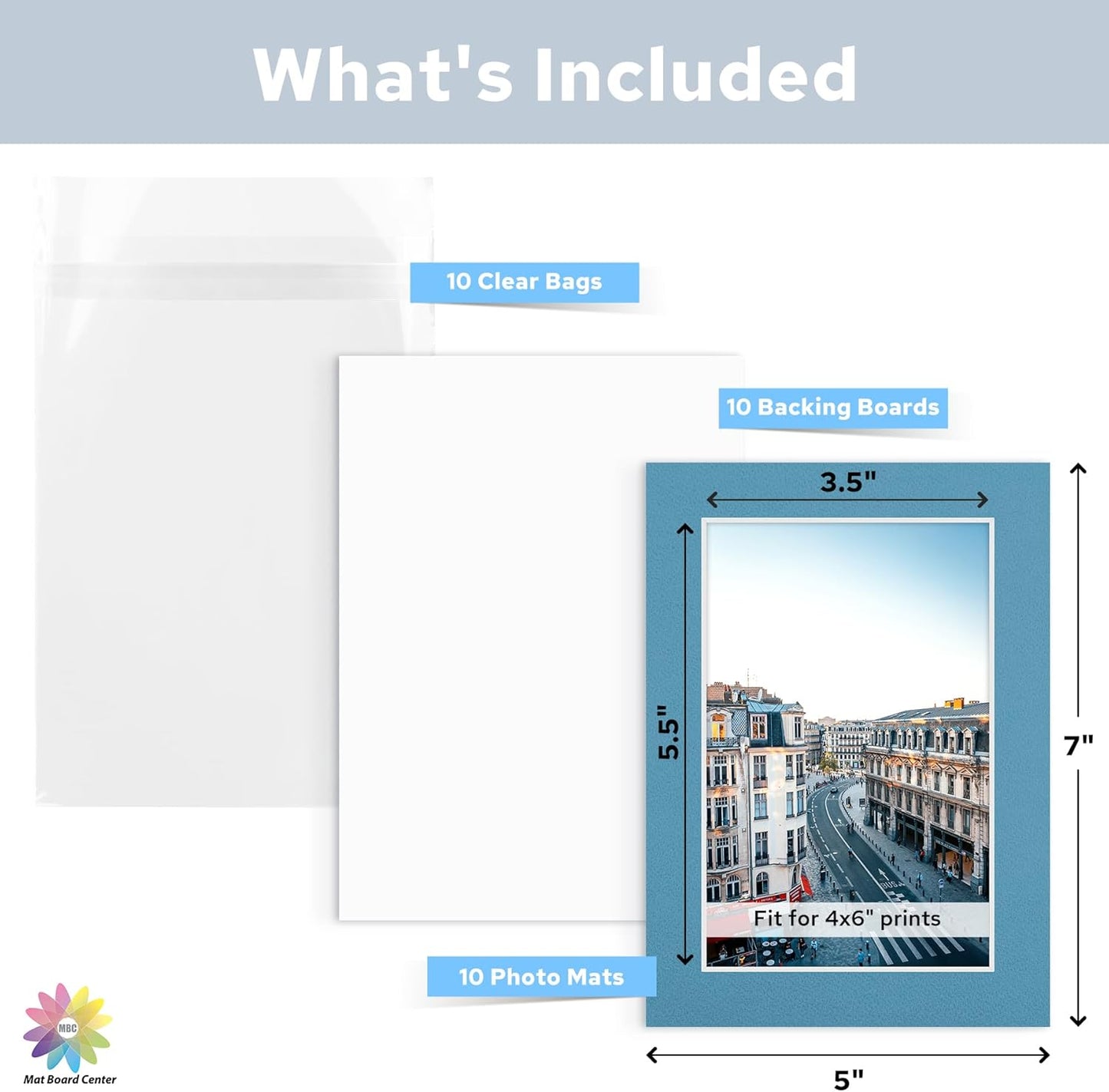 Mat Board Center, Pack of 10, 5x7 for 4x6 Mix Color Mat Kit - Acid Free, 4-ply Thickness, White Core - Includes Backing Boards and Clear Bags - for Pictures, Photos, Framing