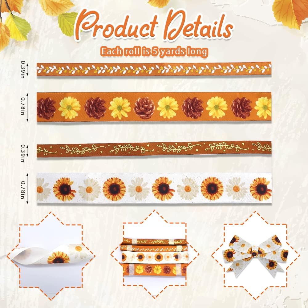 4 PCS Thanksgiving Fall Ribbons for Crafting, 3/8''Width and 4/5''Width Flowers Ribbons White Orange Satin Ribbon Metallic Leaves Craft Ribbons for Gift Wrapping Fall Decorations