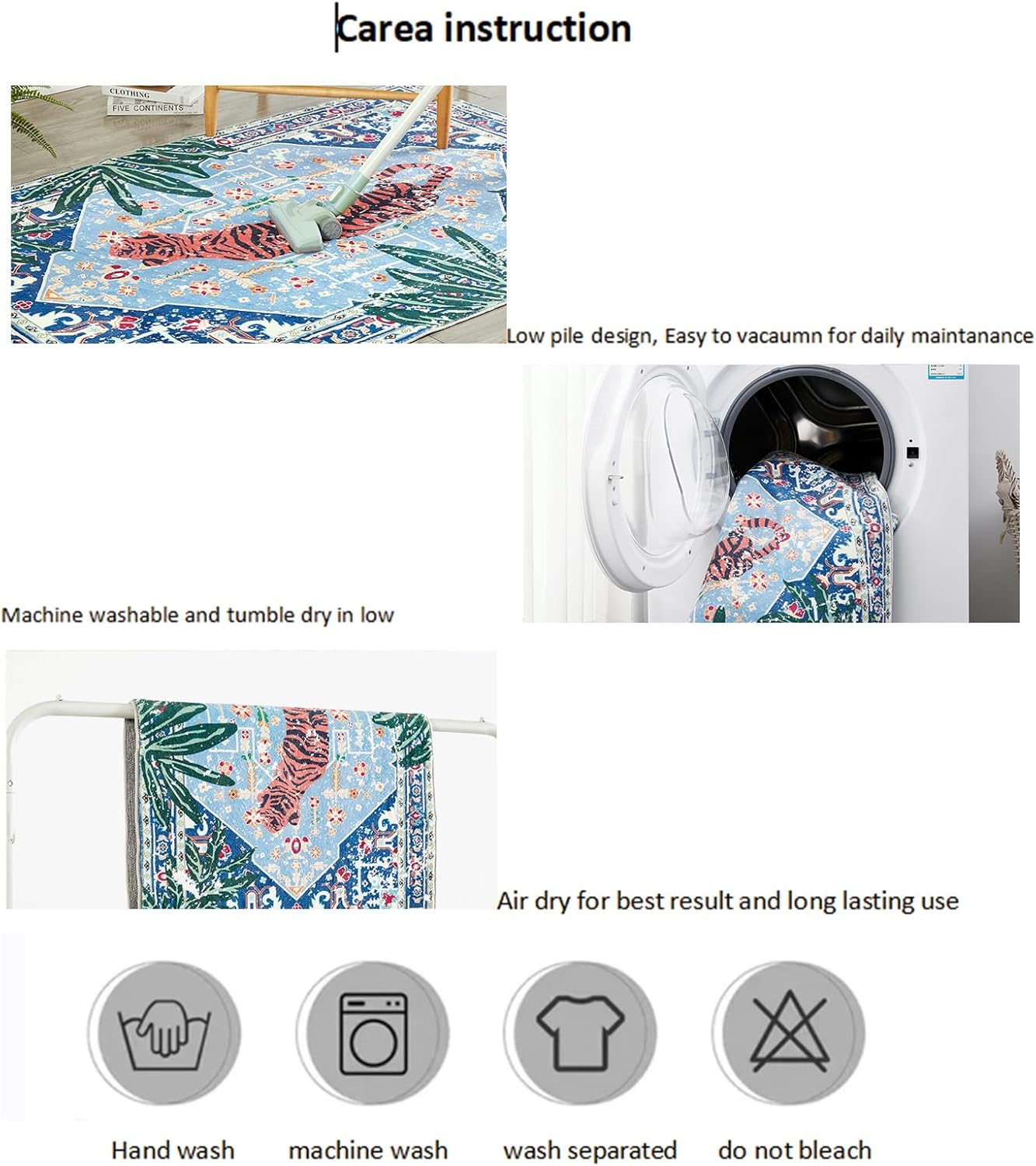 Washable Blue Rugs Thin Oriental Boho Vintage Tropical Jungle 8x10 Area Rugs for Bedroom Kitchen Dining Living Room Office Distressed Indoor Large Carpet