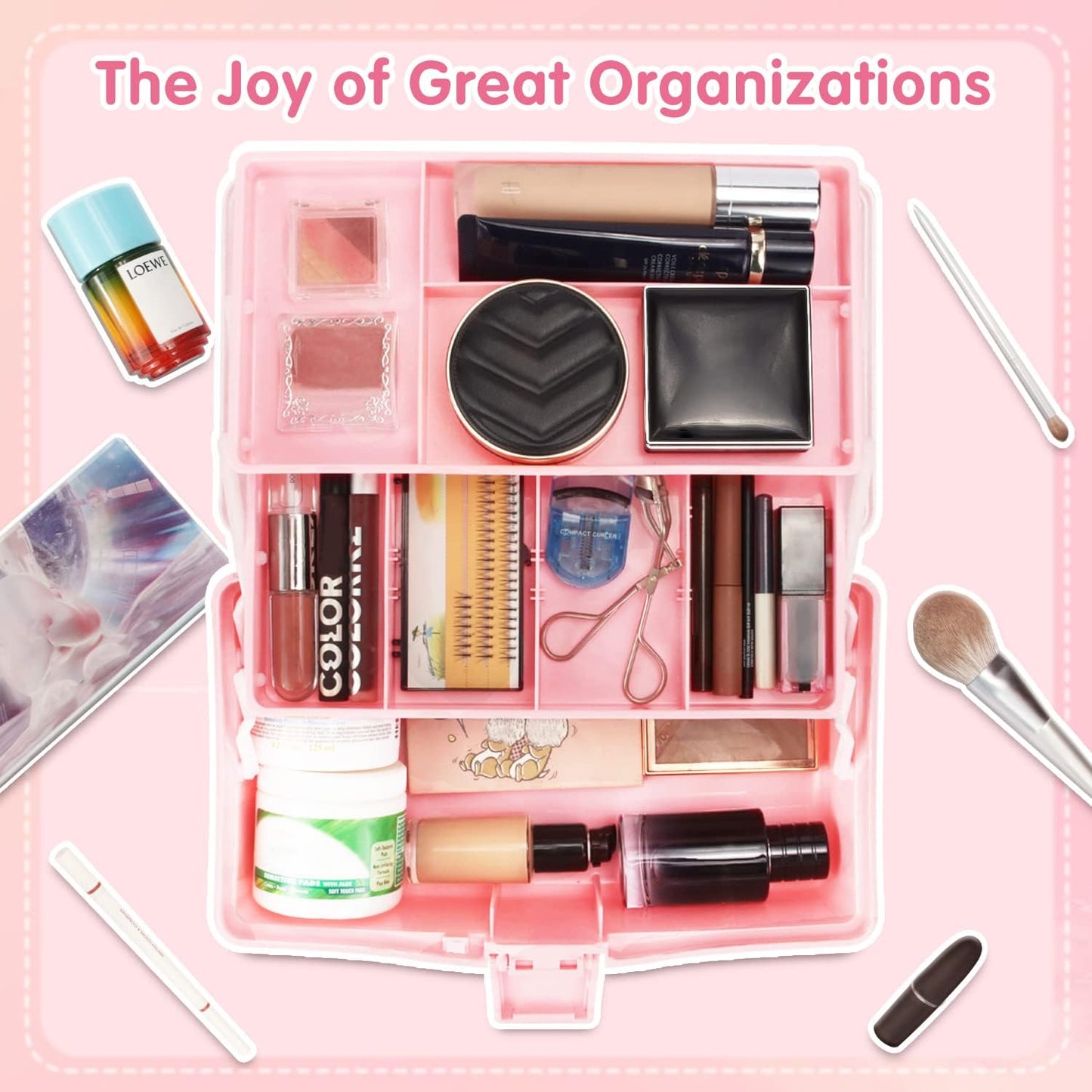 12in Three-Layer Multipurpose Storage Box Organizer Folding Tool Box/Art & Crafts Case/Sewing Supplies Organizer/Medicine Box/Family First Aid Box with 2 Trays (White Pink)