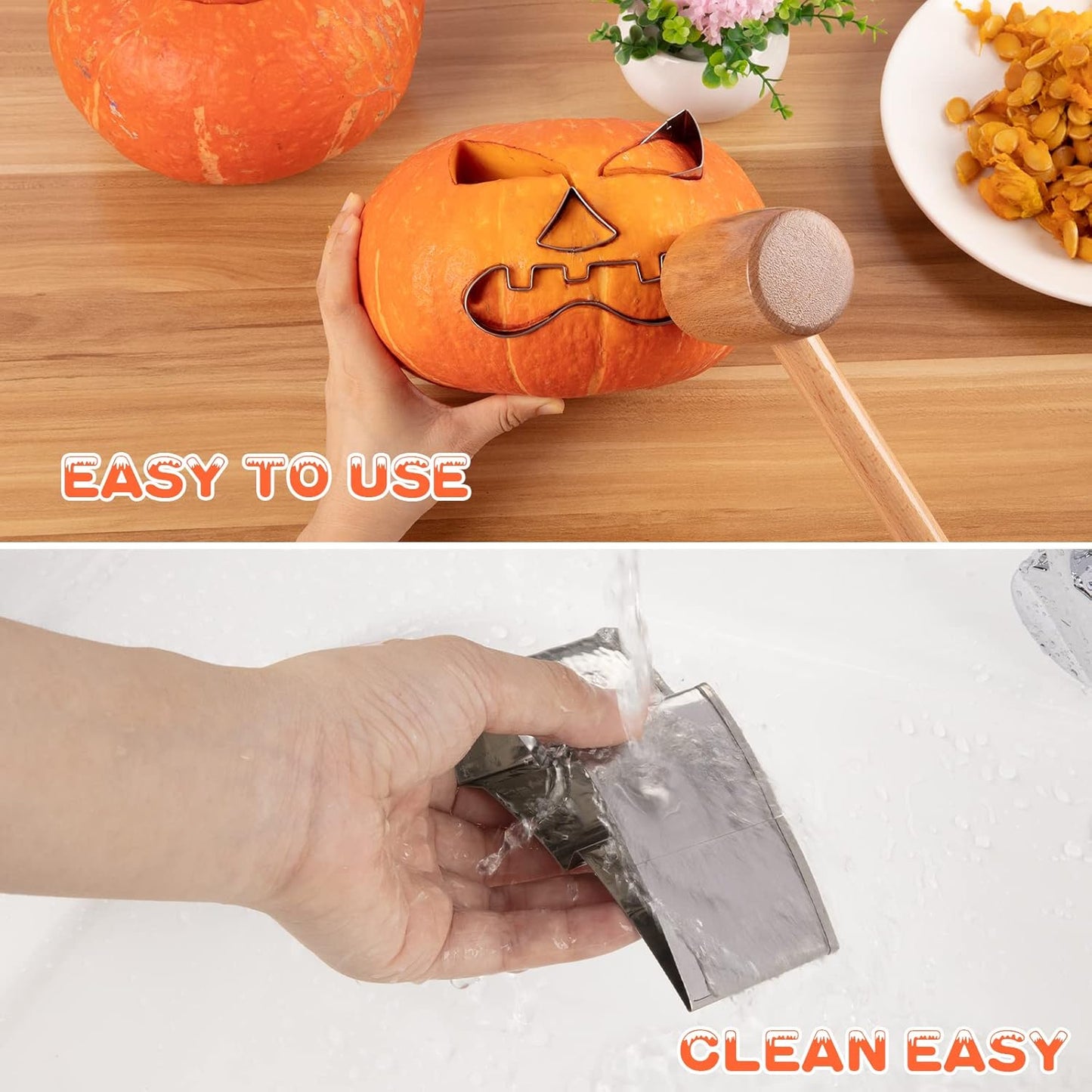 Pumpkin Carving Kit Halloween, Safe and Easy Pumpkin Carving Set for Kids, DIY Stainless Steel Pumpkin Carving Tools for Halloween Decoration Jack-O-Lanterns, Gift for Halloween(With Hammer)