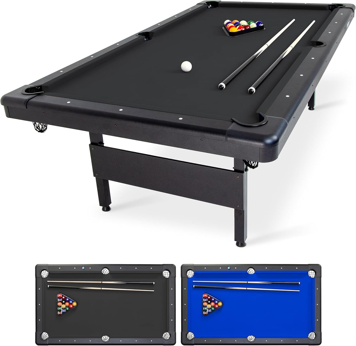 GoSports 6, 7, or 8 ft Billiards Tables - No Assembly, Choose Your Color - Portable Pool Table Includes Full Set of Balls, 2 Cue Sticks, Chalk and Felt Brush