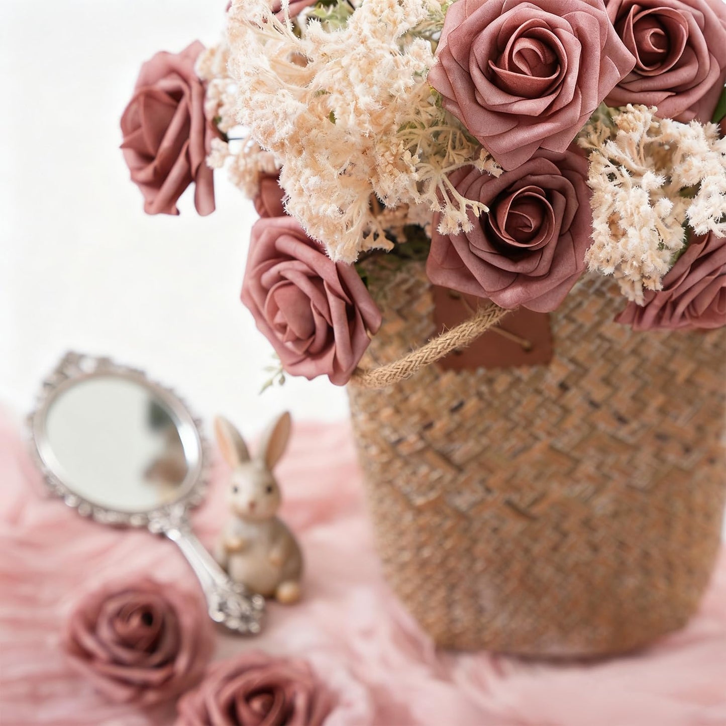 Artificial Flowers Foam Fake Roses 25pcs Dusty Rose Faux Roses with Stems for Home Decor DIY Wedding Bouquets Party Bridal Shower Centerpieces Faux Flower Arrangements Tables Decorations