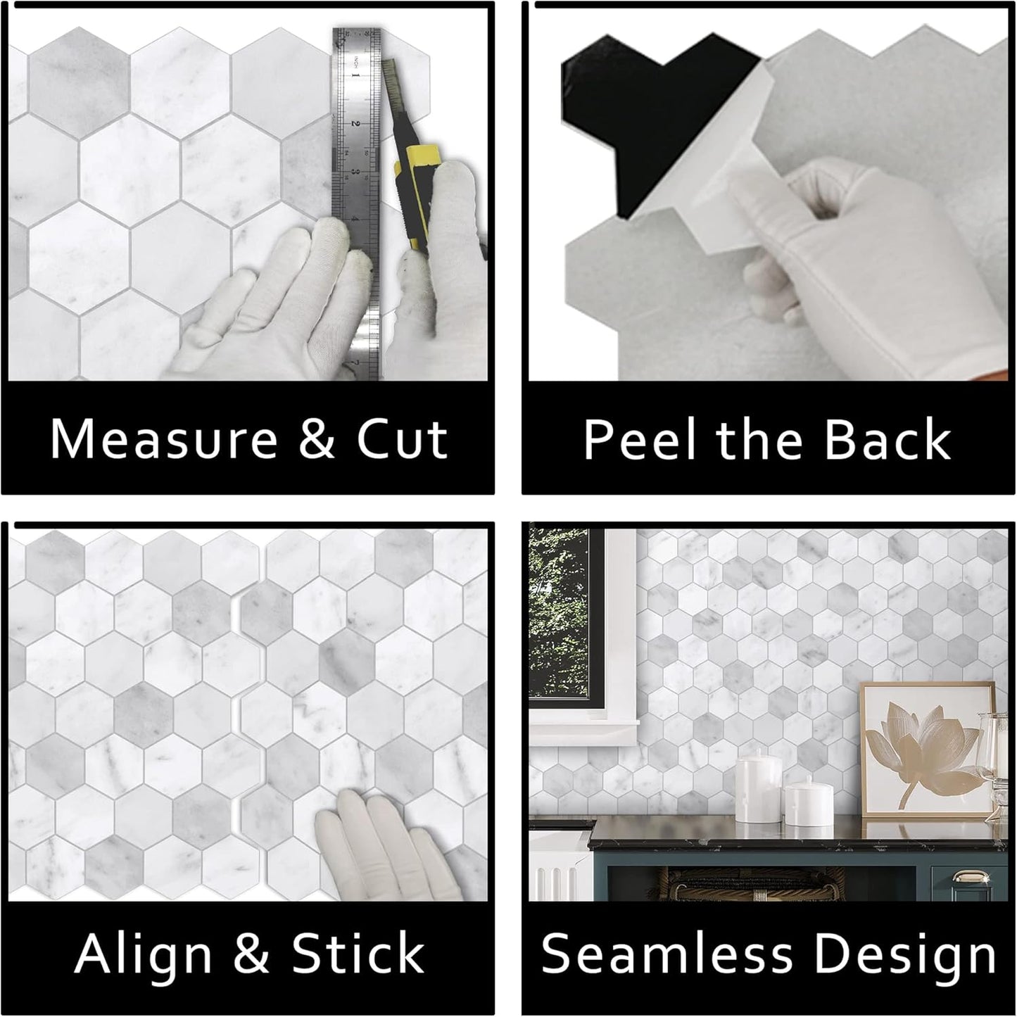 The Tiles Plaza 10-Sheet Peel and Stick Backsplash, Carrara White Hexagon Stone Composite Marble Looks Self Adhesive Wall Tile, Stick On Tiles for Kitchen Bathroom Shower, Cover 9 Sq Ft.
